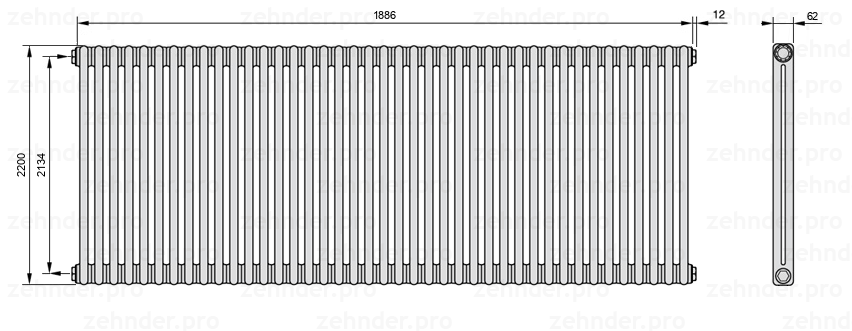 Схема (чертеж) Радиатор Zehnder Charleston 2220/41 №1270 Белый глянцевый RAL 9016